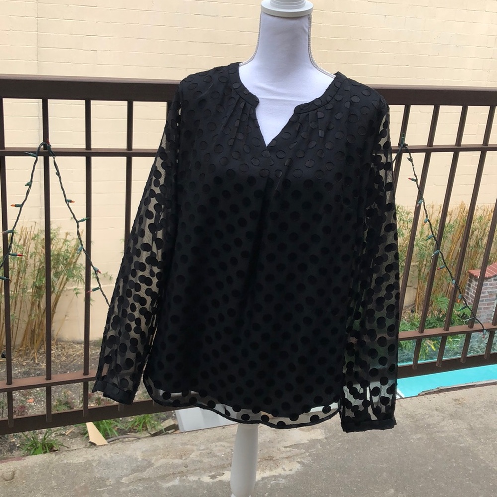 Split neck blouse with mesh circle dot overlay